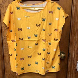 Yellow Butterfly Round Neck Pullover Blouse XL